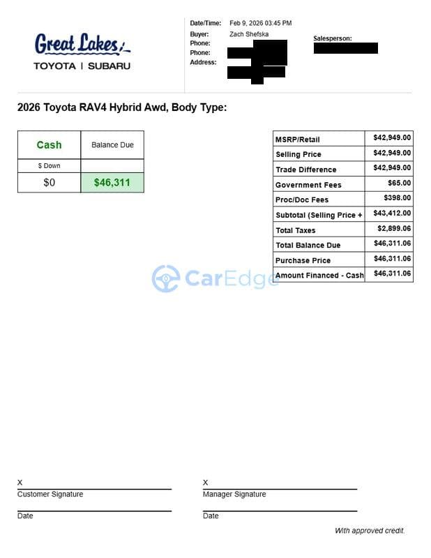 OTD quote from Great Lakes Toyota Subaru