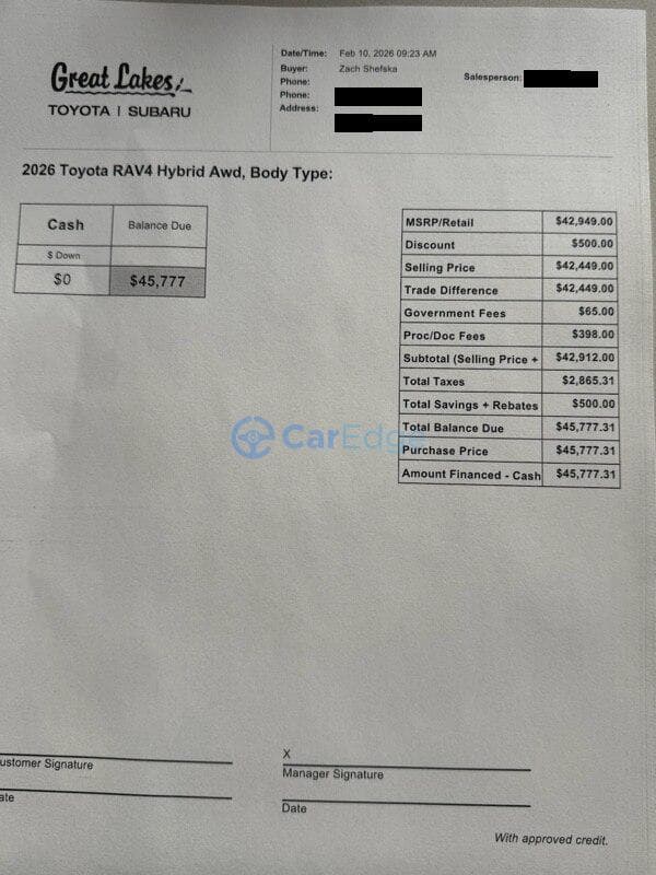 OTD quote from Great Lakes Toyota Subaru